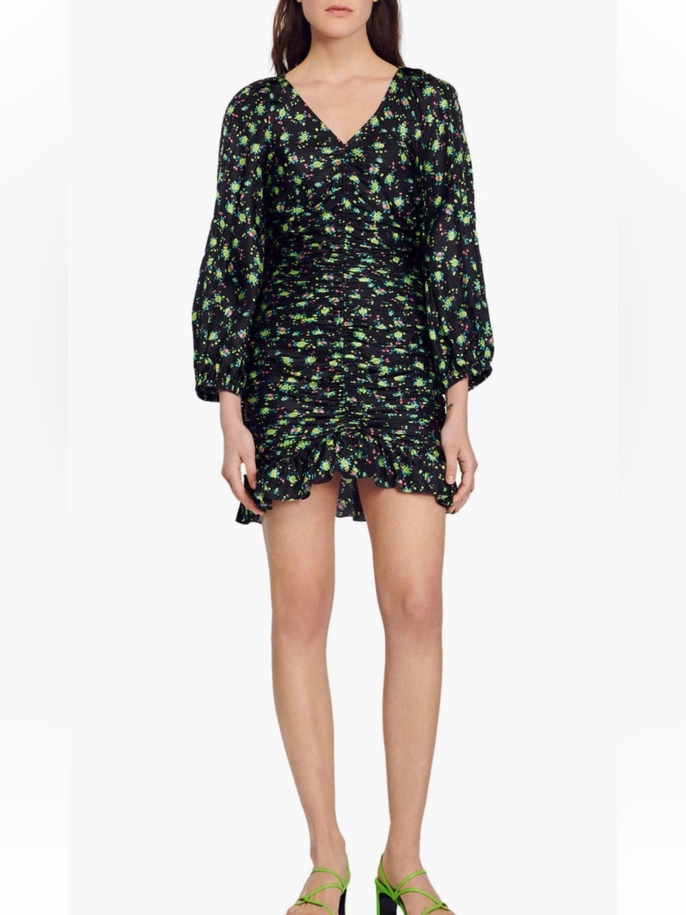 NWT Sandro Novalee Floral Ruched Mini Dress Noir Size 42 (US 10) MSRP $415